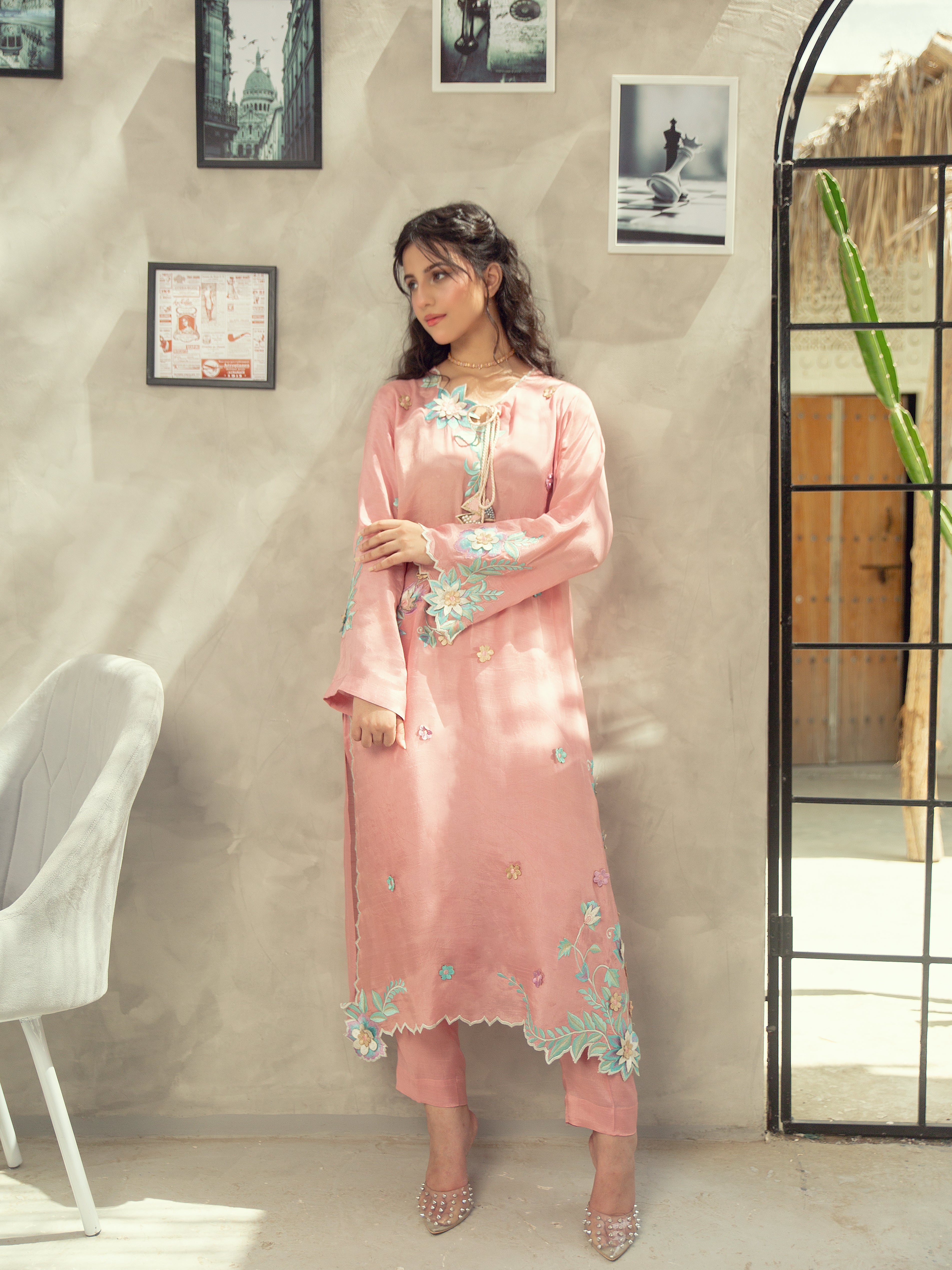 Embroidered Suit - Peach